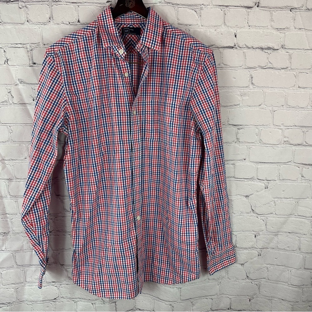 GAP Red Blue gingham plaid Casual Button Down Shirt medium tall nautical preppy